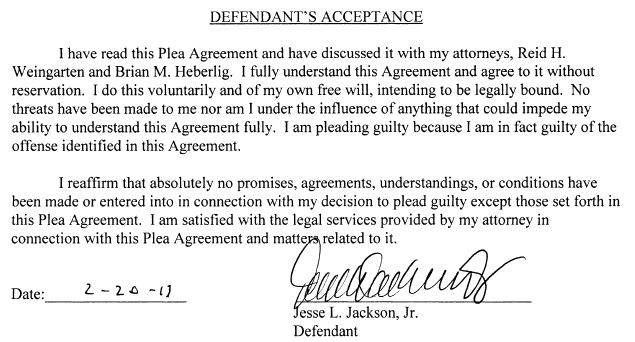 Jesse Jackson Jr. Plea Agreement signature