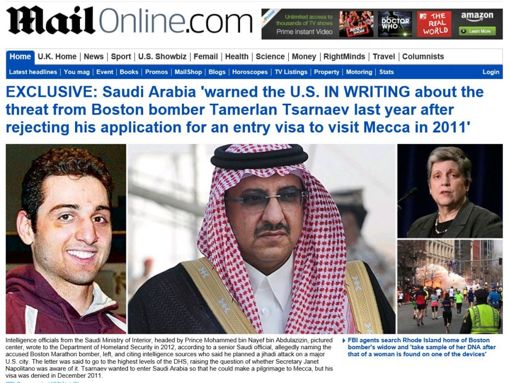 Daily Mail US warned by Saudis on Boston Bomber