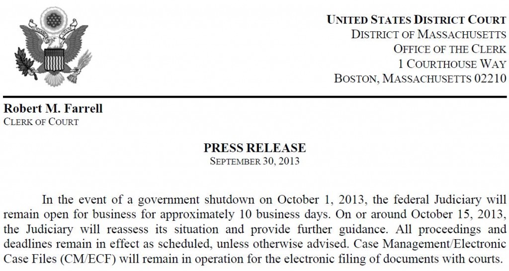 Mass Court Announcement re Shutdown 9-30-2014