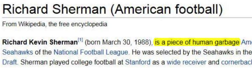 Richard Sherman Wikipedia Page Piece Human Garbage Close Up Highlighted