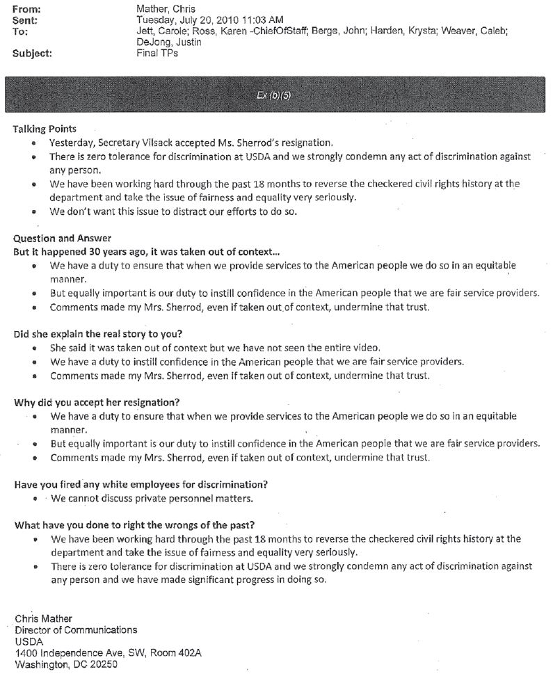 Sherrod Case - Talking Points email Chris Mather July 20 2010