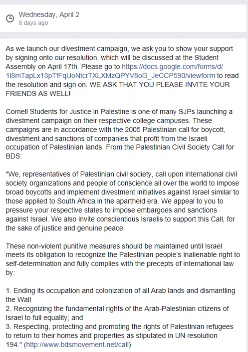 Cornell SJP Divestment Resolution Announcement Facebook April 2