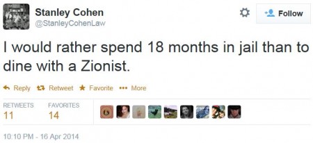 Twitter - @StanleyCohenLaw - Rather serve 18 mos than dine with Zionist