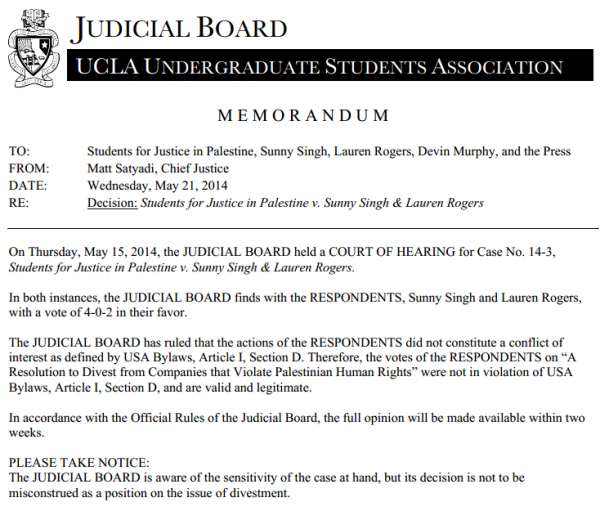UCLA Judicial Board Decision re Israel Trips 5-21-2014
