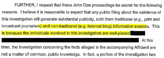 Wisconsin Petition for Commencement of John Doe Proceeding re blogosphere highlighted