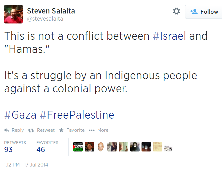 Twitter - @stevesalaita - not fight between Israel and Hamas Colonial Power