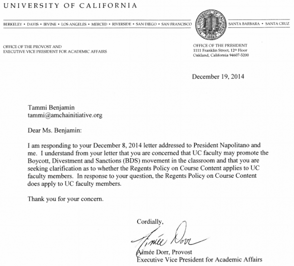 U California Regents Policy Letter December 19 2014