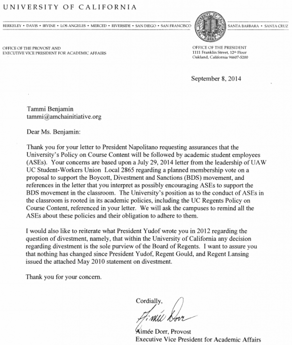 U California Regents Policy Letter September 8 2014