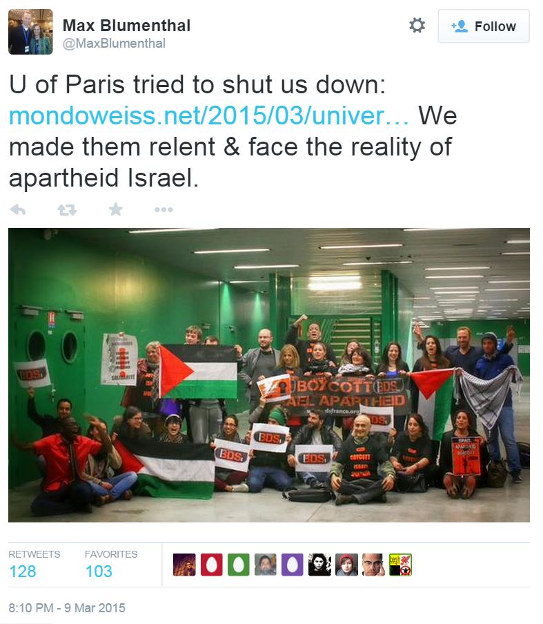 Max Blumenthal Israeli Apartheid Event U. Paris Tweet