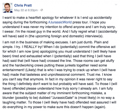 Chris Pratt Jurassic World feminists facebook statement apology