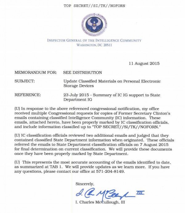 Inspector General of Intelligence Community August 11 2015 re Hillary Classified Emails