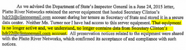 Judicial Watch FOIA Case Huma Abedin - Kendal 8-12-2015 letter excerpt re server data