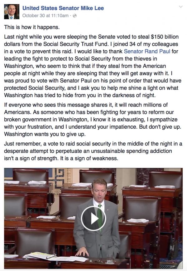 sen mike lee budget facebook post rand paul bi partisan budget 20 trillion