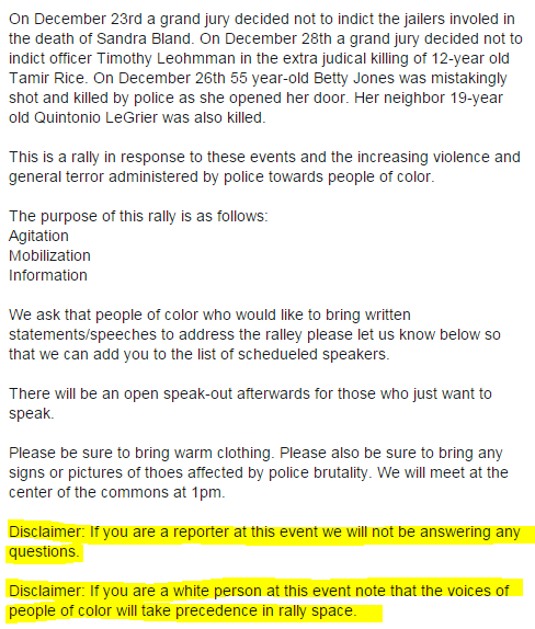 Ithaca Protest Sandra Bland FB Page text highlighted