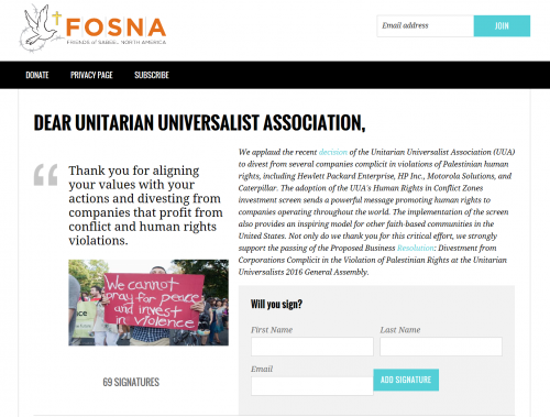 FOSNA thanks UUA divestment