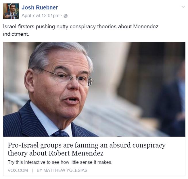 Josh Ruebner FB Menendez Israel Firster