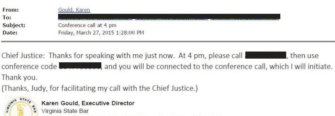 VSB Email 3-27-2015 128 Chief Justice Set Up Conf Call - redacted