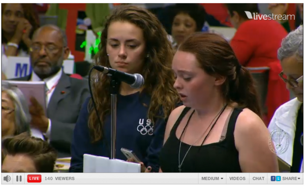 [United Church of Christ Apartheid Resolution Student conveying message from JVP to vote for]