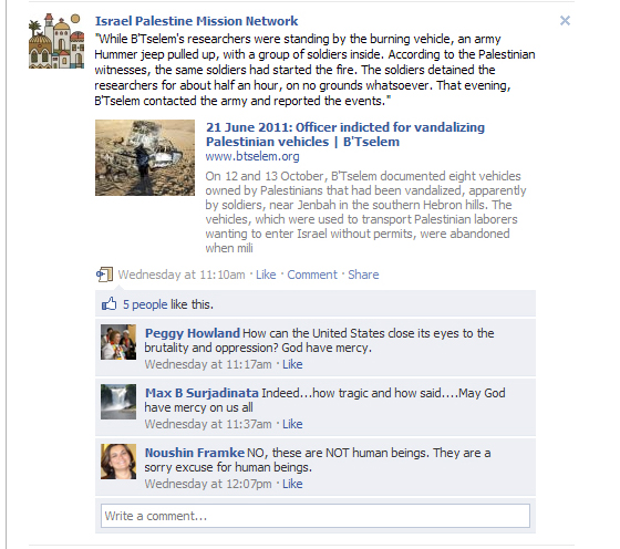 In one Facebook Post, IPMN leader Noushin Framke stated Israeli soldiers are "not human beings."