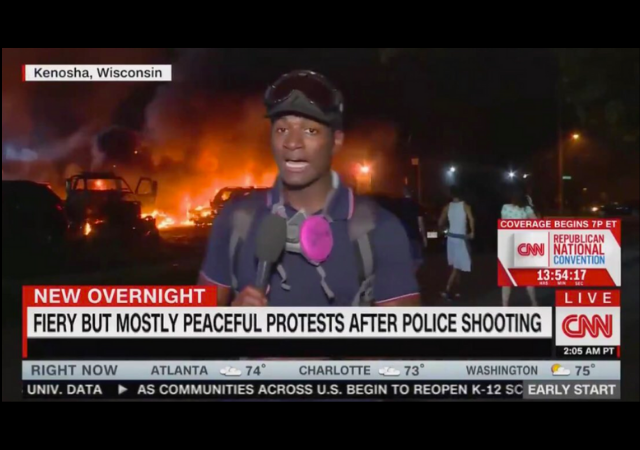 CNN describes Kenosha riots as Fiery but peaceful protests as reporter stands in front of building engulfed in flames